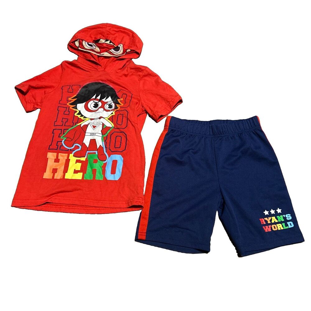 Ryan’s World Red Short Sleeve Hoodie Blue Side Stripe Shorts Outfit Size 7